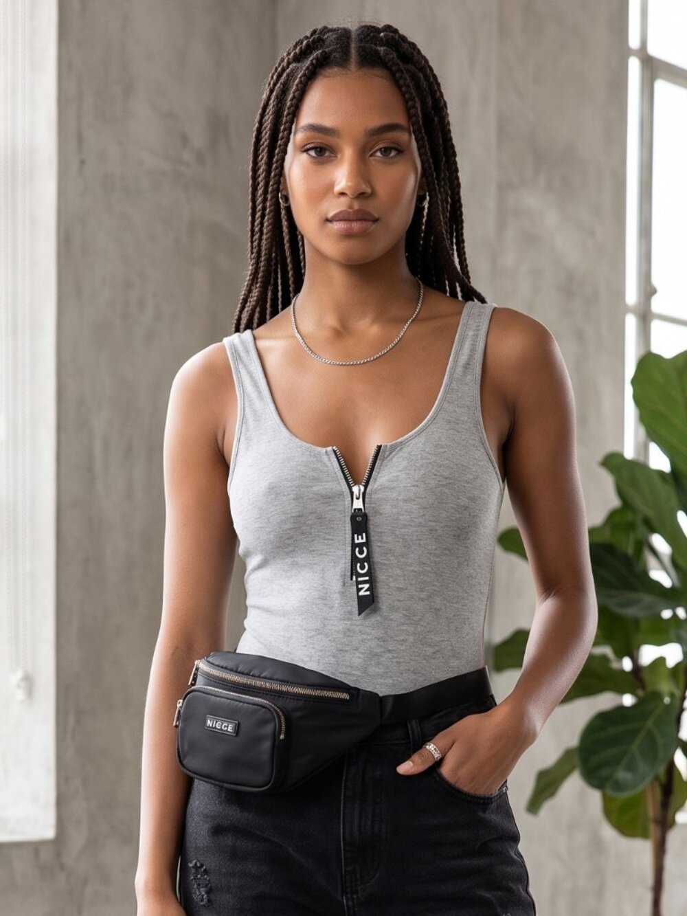 Nicce London Heather Grey Scoop Neck Bodysuit Front Zip Pull Ring Size S